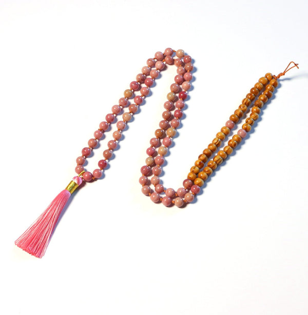 Heart's Rescue - Natural Rhodonite with Wood Beads 108 Mala Necklace for Prayer and Meditation - Zayra Mo
