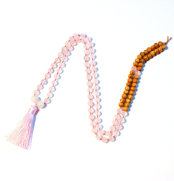 Ultimate Love - Natural Rose Quartz with Wood Beads 108 Mala Necklace for Prayer and Meditation - Zayra Mo