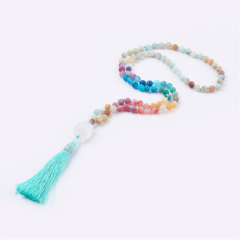 Handmade Mala Necklace with Semi Precious Gemstones Healing Quartz - Amazonite and Agate - Zayra Mo