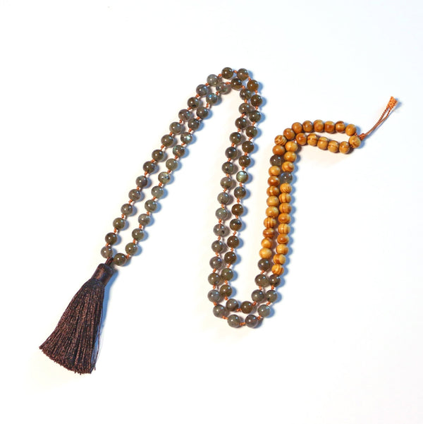 Aurora Borealis - Natural Labradorite with Wood Beads 108 Mala Necklace for Prayer and Meditation - Zayra Mo