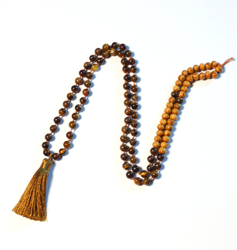 Belief In You - Natural Tiger Eye with Wood Beads 108 Mala Necklace for Prayer and Meditation - Zayra Mo
