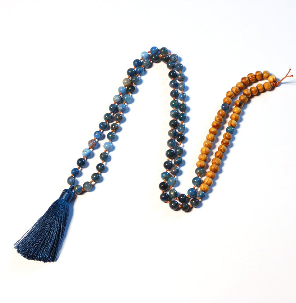 Creativity Revealed - Natural Apatite with Wood Beads 108 Mala Necklace for Prayer and Meditation - Zayra Mo