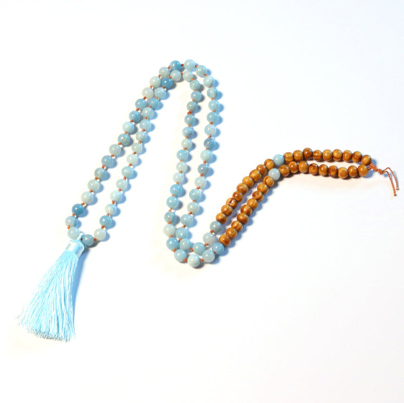 Endless Inspiration - Natural Amazonite with Wood Beads 108 Mala Necklace for Prayer and Meditation - Zayra Mo
