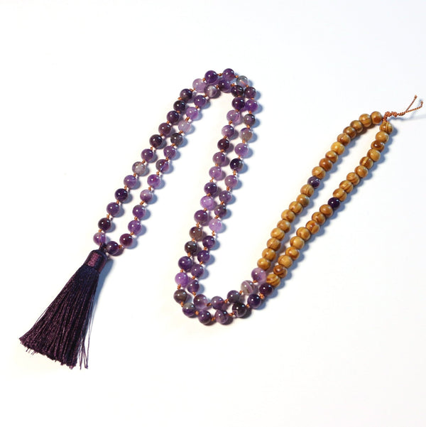 Full Grace - Natural Amethyst with Wood Beads 108 Mala Necklace for Prayer and Meditation - Zayra Mo
