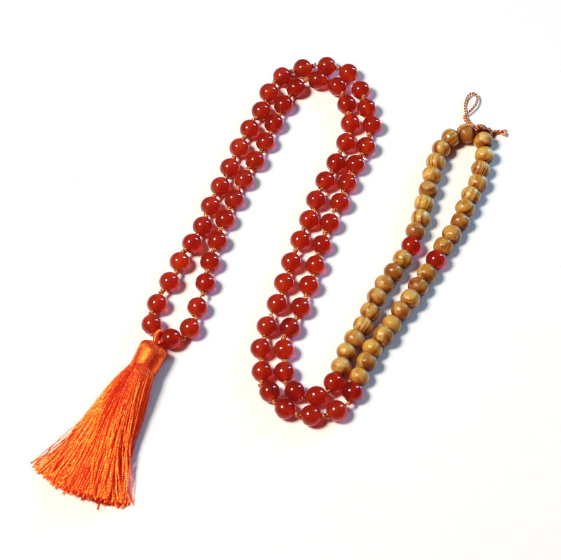 Full of Passion - Natural Carnelian with Wood Beads 108 Mala Necklace for Prayer and Meditation - Zayra Mo