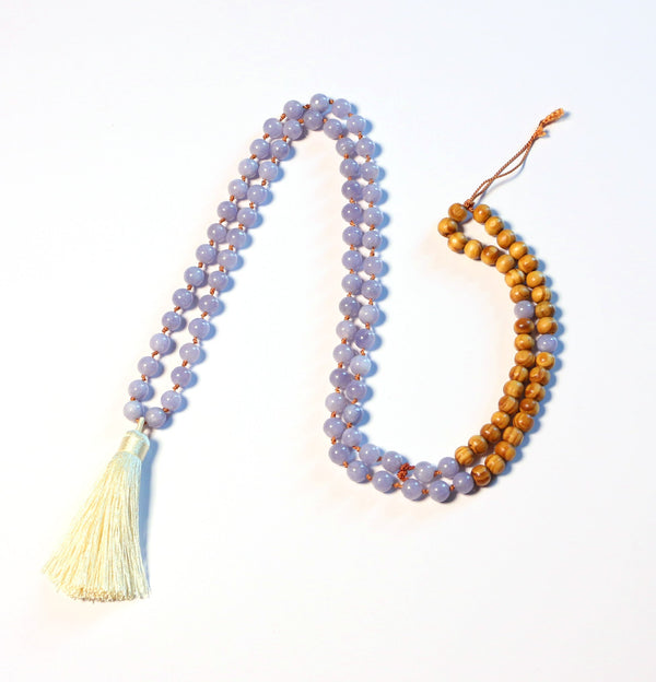 Letting Go - Natural Aquamarine with Wood Beads 108 Mala Necklace for Prayer and Meditation - Zayra Mo