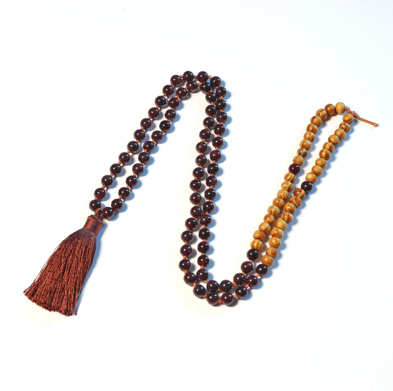 Life Force - Natural Garnet with Wood Beads 108 Mala Necklace for Prayer and Meditation - Zayra Mo