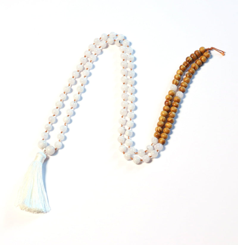 Powerful Goddess - Natural Moonstone with Wood Beads 108 Mala Necklace for Prayer and Meditation - Zayra Mo