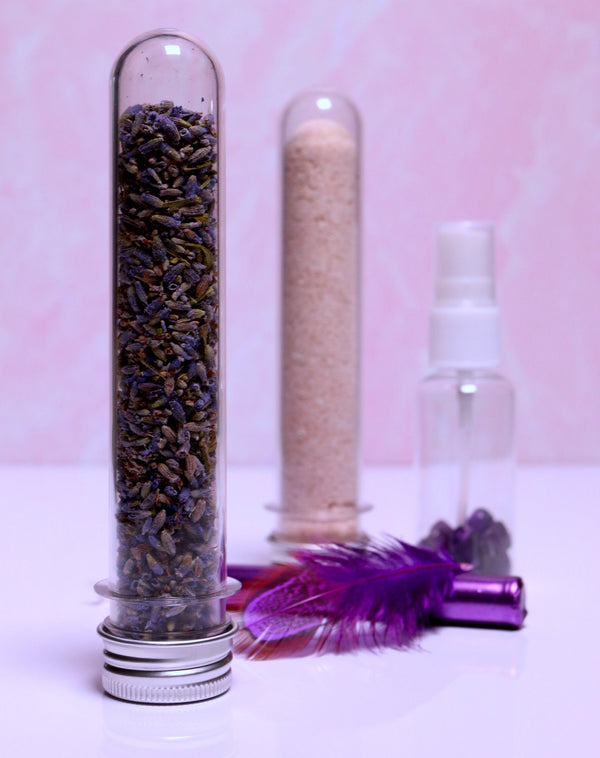 Serenity , Calm + Protection Beauty and Ritual Kit with our unique Eggshell Powder, lavender, natural amethyst for mist, candle and feather.