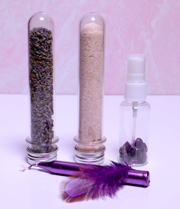 Serenity , Calm + Protection Beauty and Ritual Kit with our unique Eggshell Powder, lavender, natural amethyst for mist, candle and feather.
