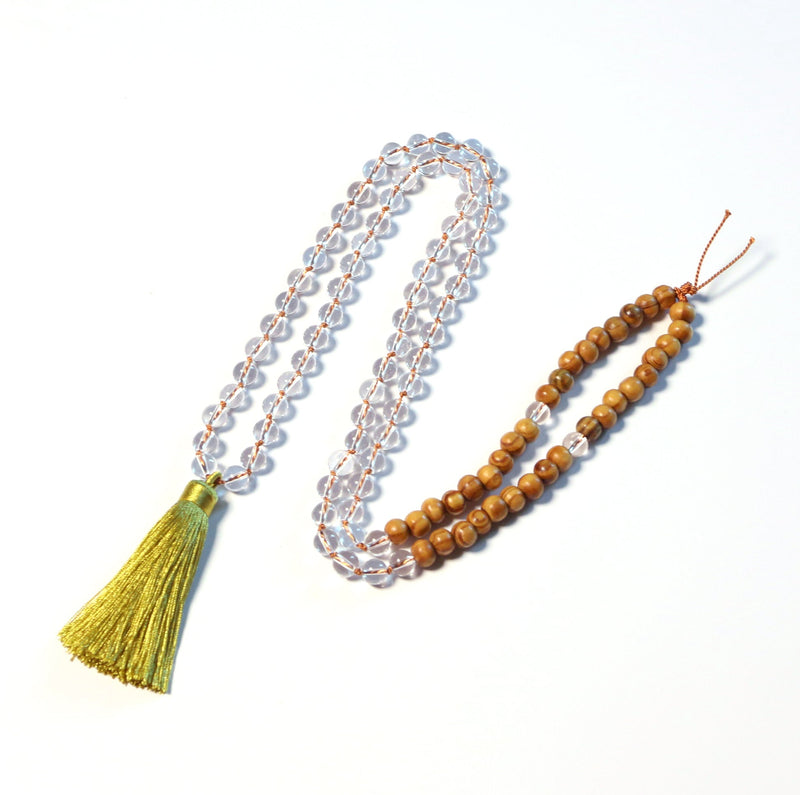 Spiritual Lights - Natural Clear Quartz with Wood Beads 108 Mala Necklace for Prayer and Meditation - Zayra Mo