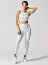 The Glam Look Sportwear Set - Metallic Silver V-Waist Leggings with Shockproof Sports Bra - Zayra Mo
