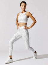 The Glam Look Sportwear Set - Metallic Silver V-Waist Leggings with Shockproof Sports Bra - Zayra Mo