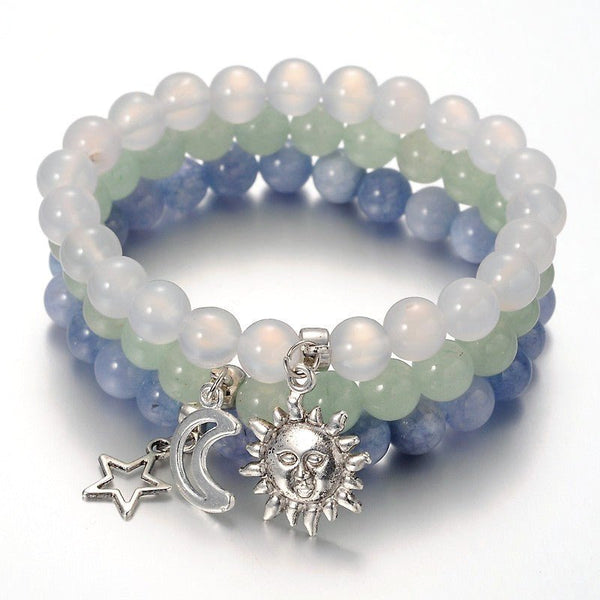 Tibetan Style Star & Moon & Sun Bracelets with Aquamarine, Quartz and Aventurine - The Yogi World - Zayra Mo