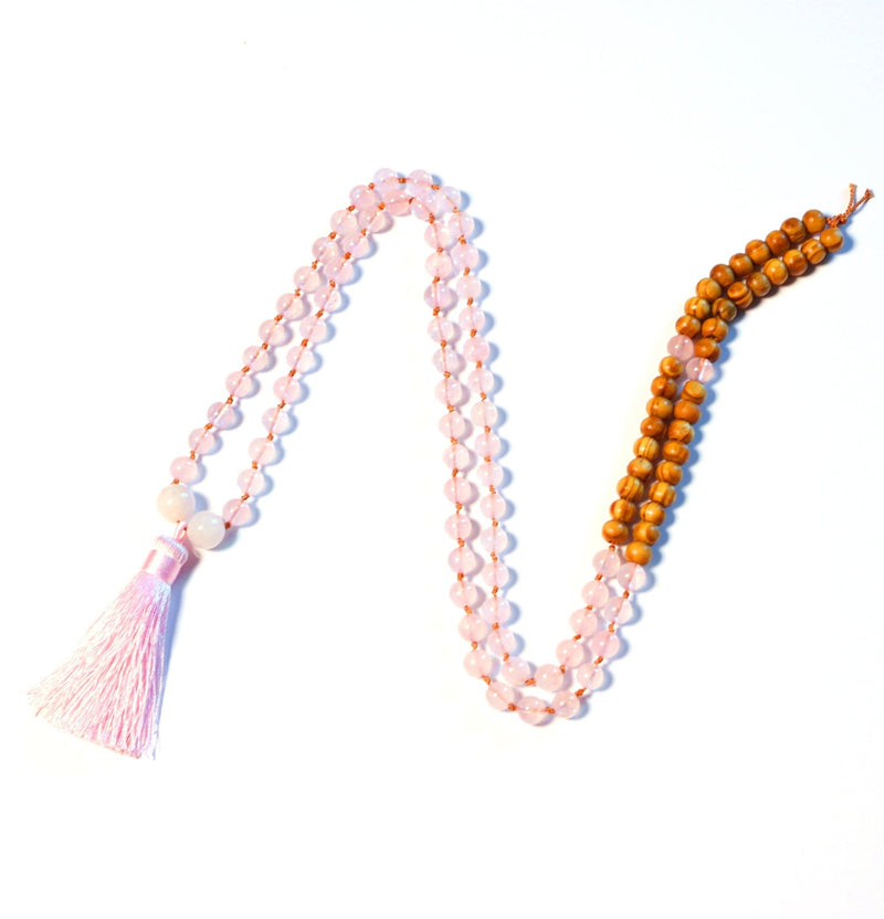 Ultimate Love - Natural Rose Quartz with Wood Beads 108 Mala Necklace for Prayer and Meditation - Zayra Mo