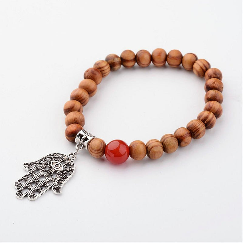 Wood Charm Bracelets, with Natural Carnelian Beads, and Alloy Findings, Hamsa Palm - Zayra Mo